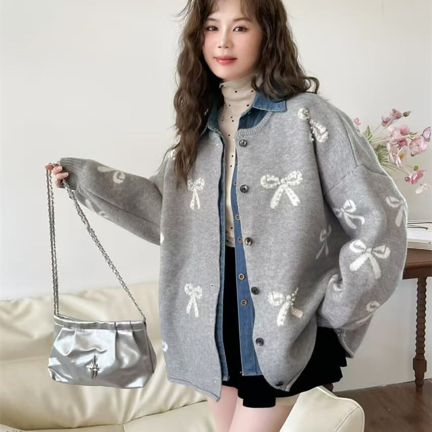 【outer】リボン付きニットカーデ　M26383
