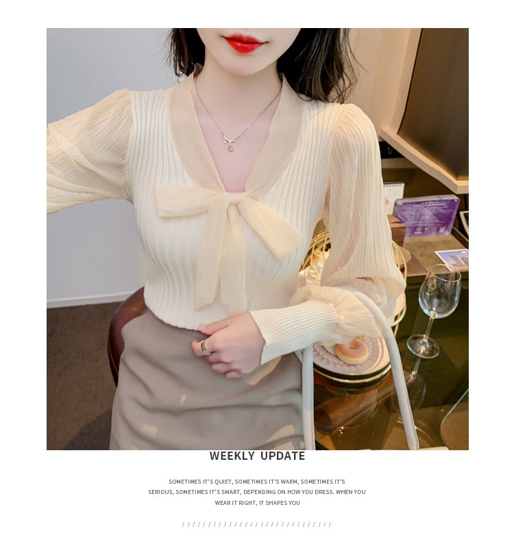 【tops】Vネック切り替えニットブラウスG16806