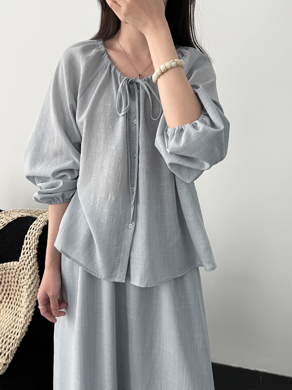 【set】リボン付きトップス×ロングスカートセット Q8324