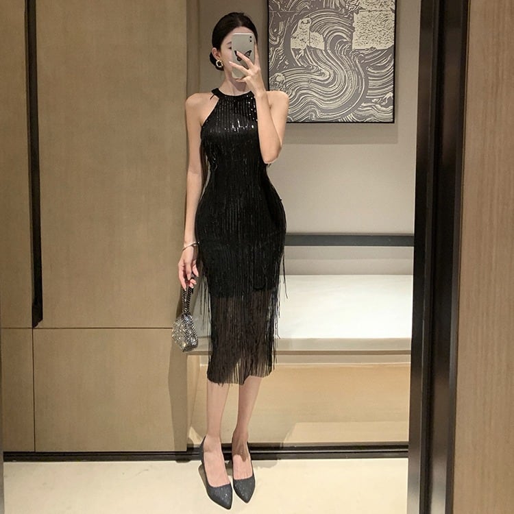 【dress】フリンジノースリーブワンピースG20388