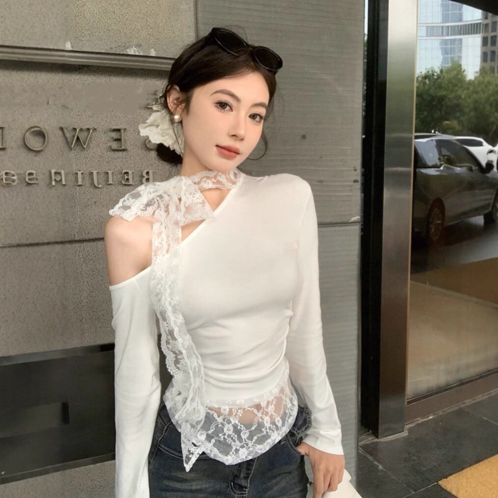 【tops】レース切り替えオフショルダートップス　M28009