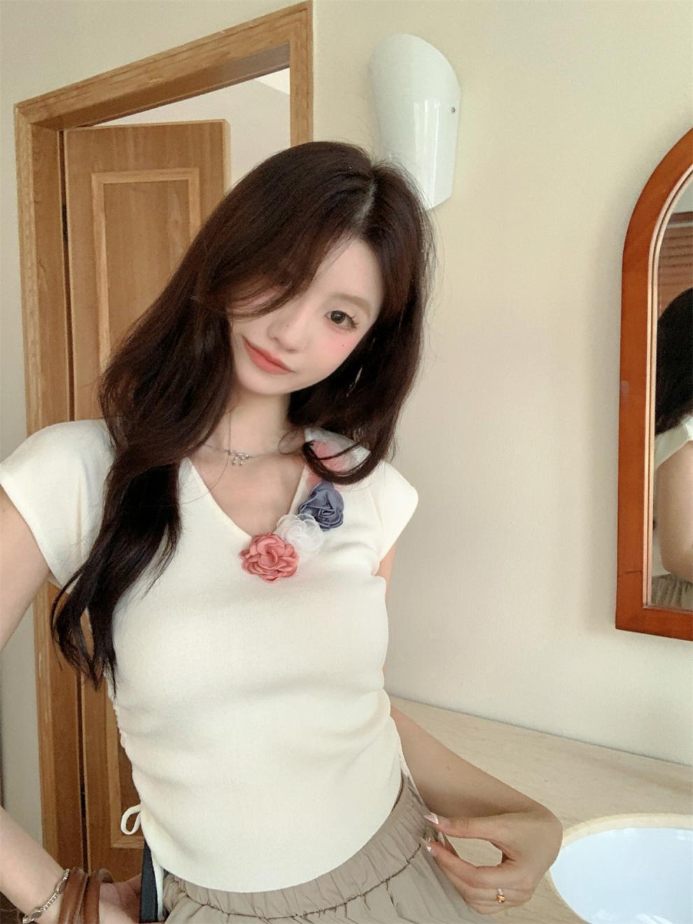 【tops】立体フラワーニットTシャツ　M24271