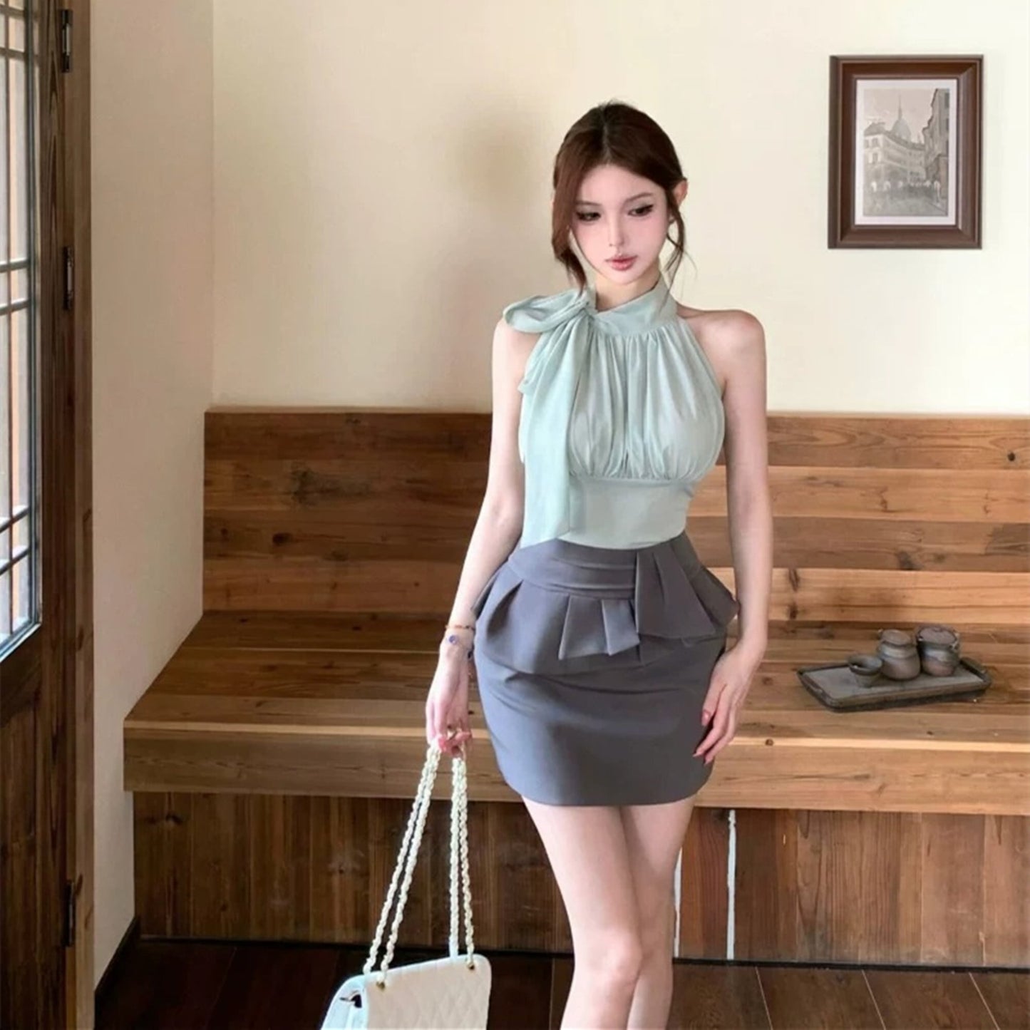 【set】リボンノースリーブトップス×フリルミニスカートセット     N3570