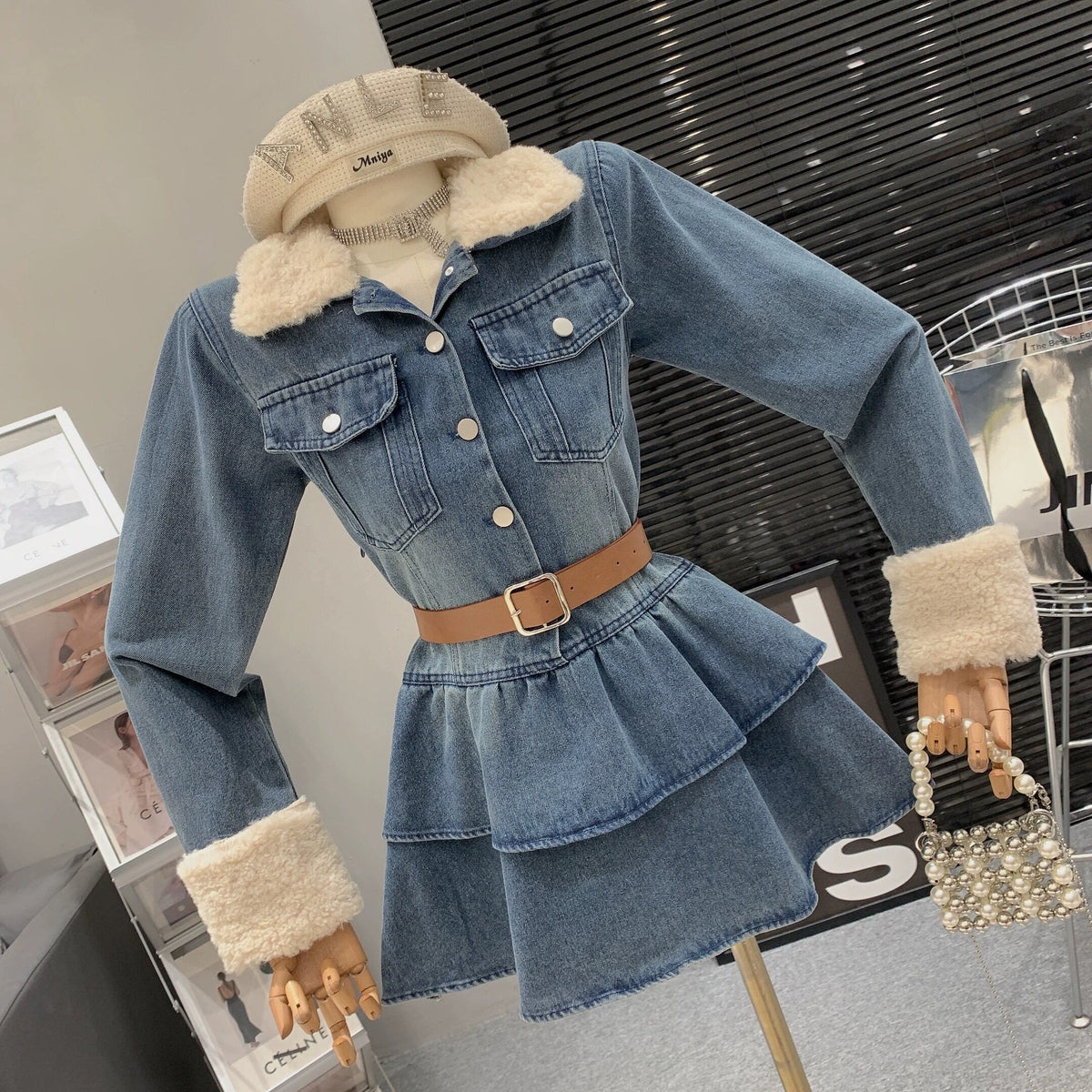 【dress】ファー付きデニムワンピース 　N2168