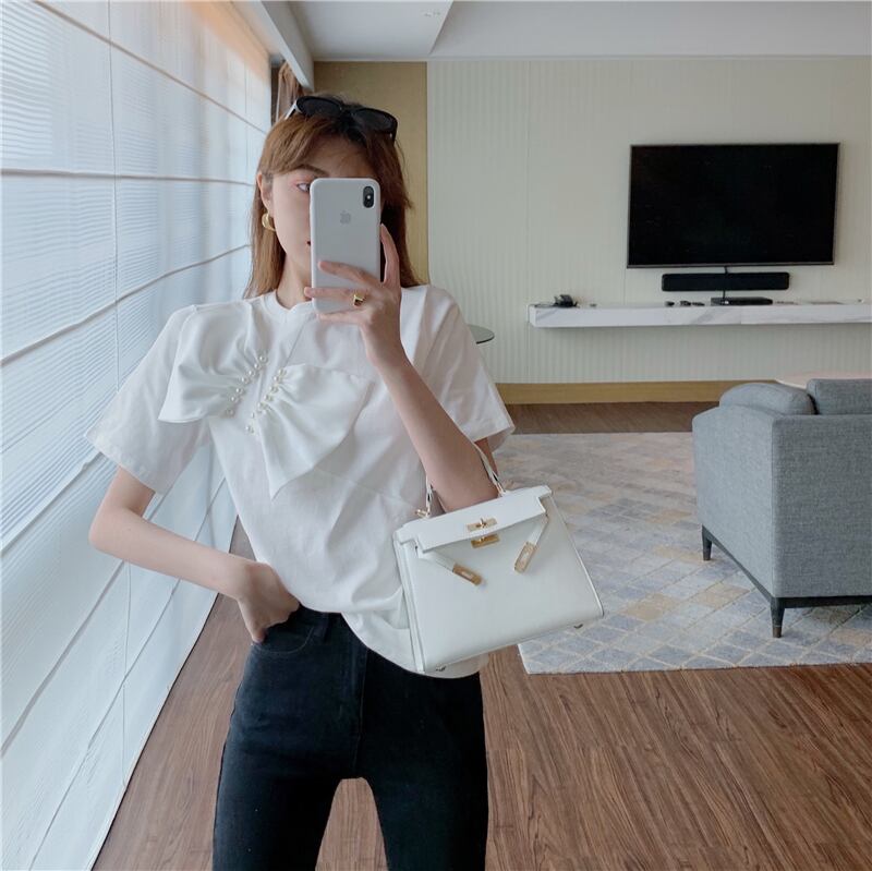 【tops】女性力を高める〜ラウンドネック半袖蝶々結び無地ゆったり着回しTシャツ