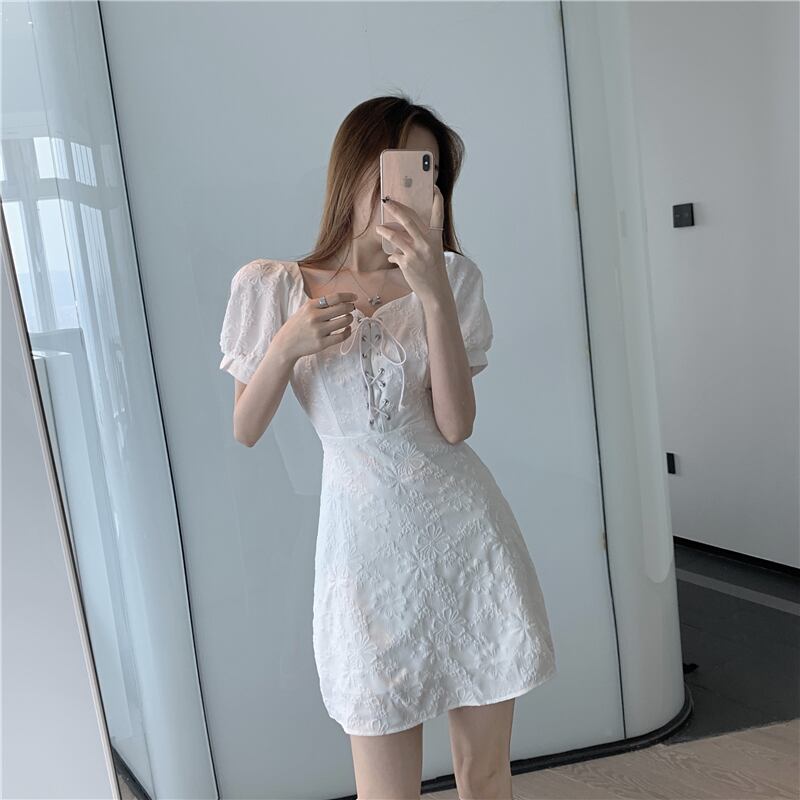 【dress】必ず目を引くスクエアネック半袖花模様Aライン体型カバーワンピース F0410