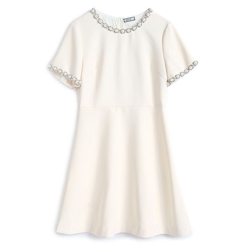 【dress】美人度アップラウンドネック半袖ビーズ飾り無地韓国ファッションワンピースF5030
