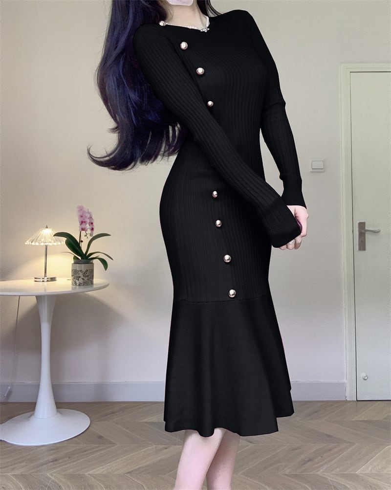 【dress】ボタンデザインマーメイドニットワンピース　M18048