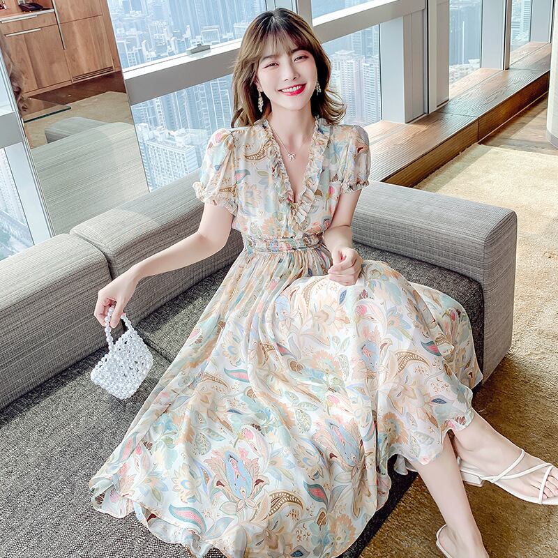 【dress】好感度満載！Vネック半袖夏海旅行シフォン花柄配色ワンピース F0343