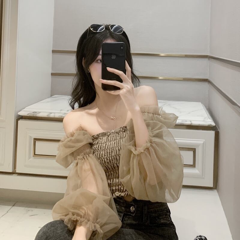 【tops】オシャレ度満点〜2wayオフネックメッシュ切り替え長袖着回し無地ブラウスF0566