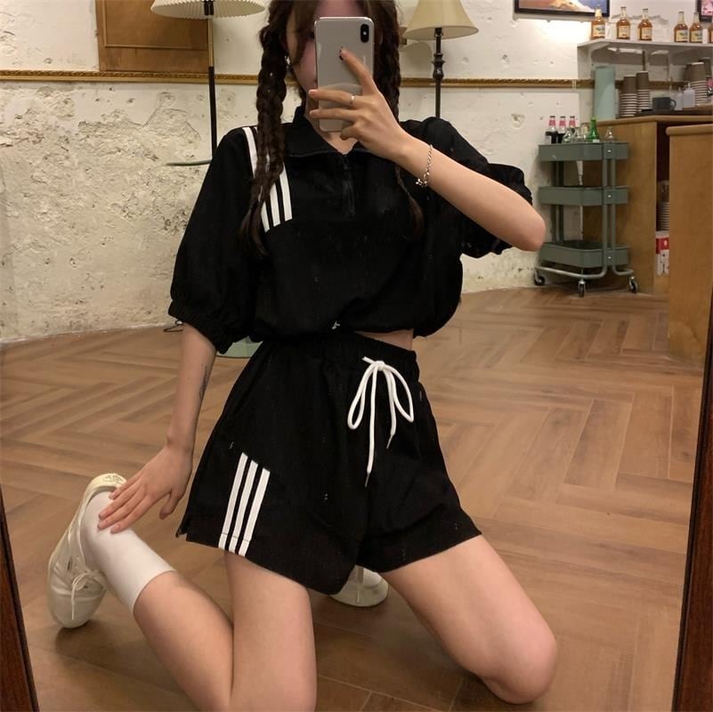 【set】INS風カジュアル気質満点POLOネックトップス+ショートパンツレディース２点セット G13533