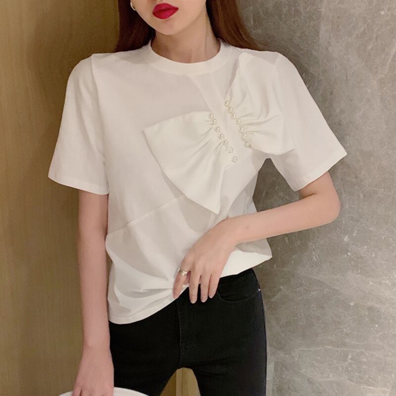 【tops】女性力を高める〜ラウンドネック半袖蝶々結び無地ゆったり着回しTシャツ