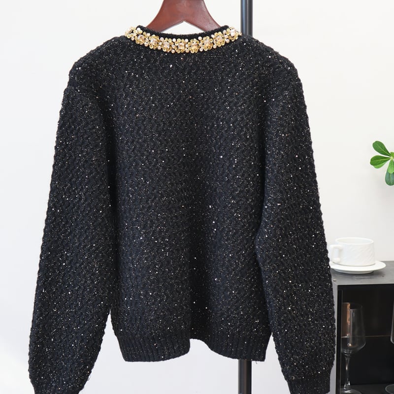 【outer】ラメ入りラインストーン付きニットカーディガン Q7326
