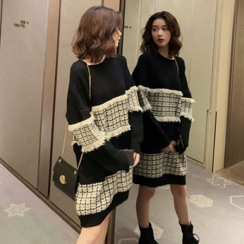 【dress】韓流スタイル!気質満点スウィートルーズゆったり切り替えニットワンピース G2656