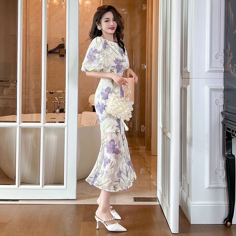 【dress】オシャレ度満点〜OL通勤夏新作ラウンドネック半袖パフ袖花柄配色ワンピースF5441