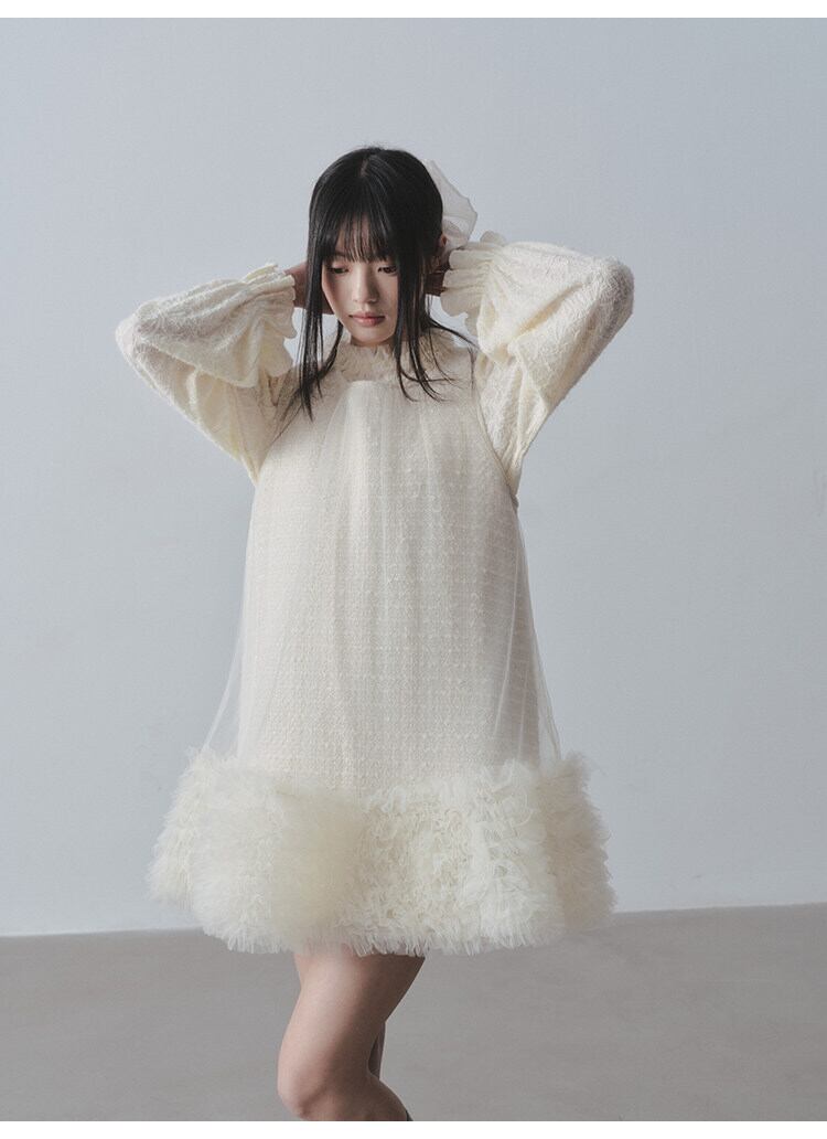 【dress】チュールフリルツイードノースリーブミニワンピース　N3523