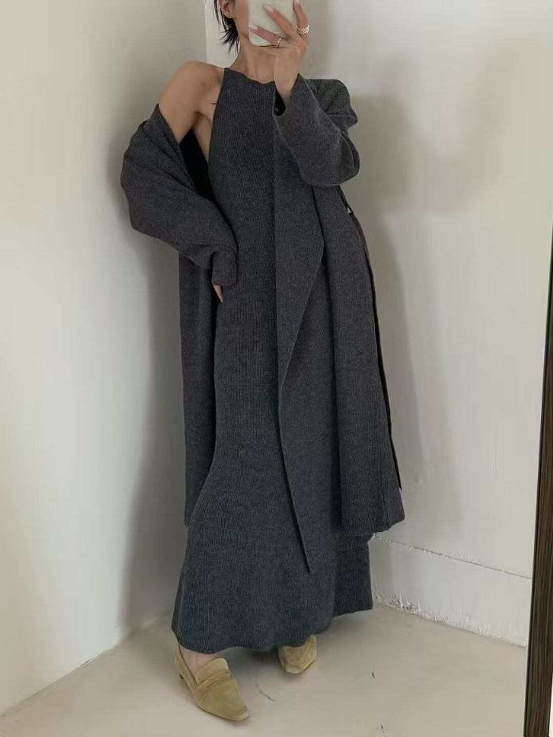 【set】ロングカーディガン×ハイネックホルダーワンピースセット Q7227