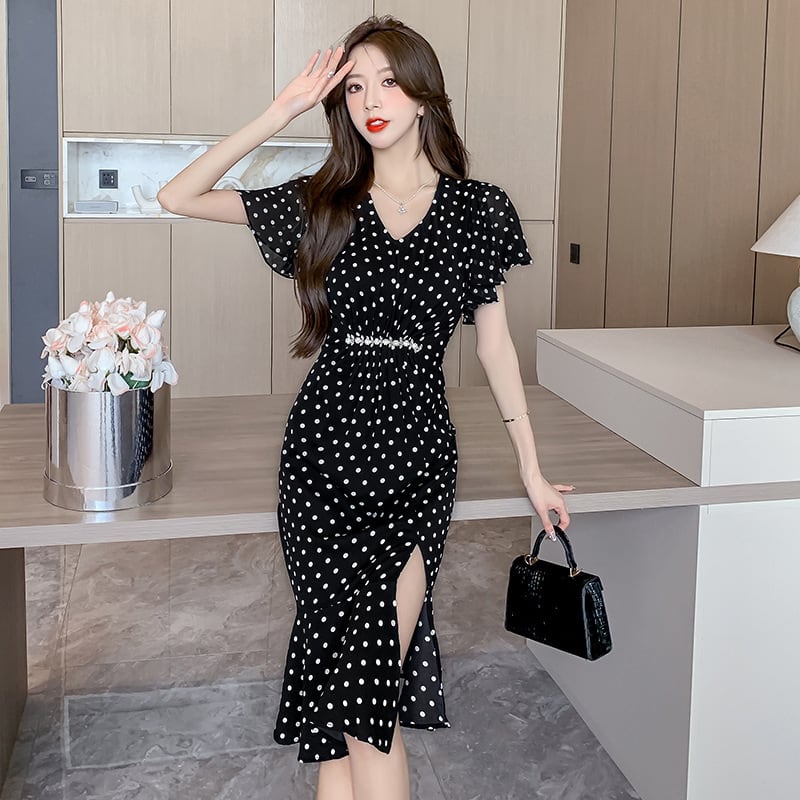 【dress】フランス風体型カバードット柄スリットワンピース G15210