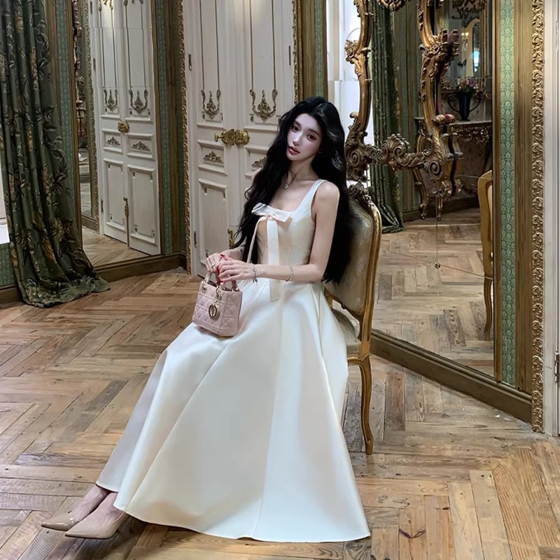 【dress】リボン付きフレアロングキャミワンピース Q8380