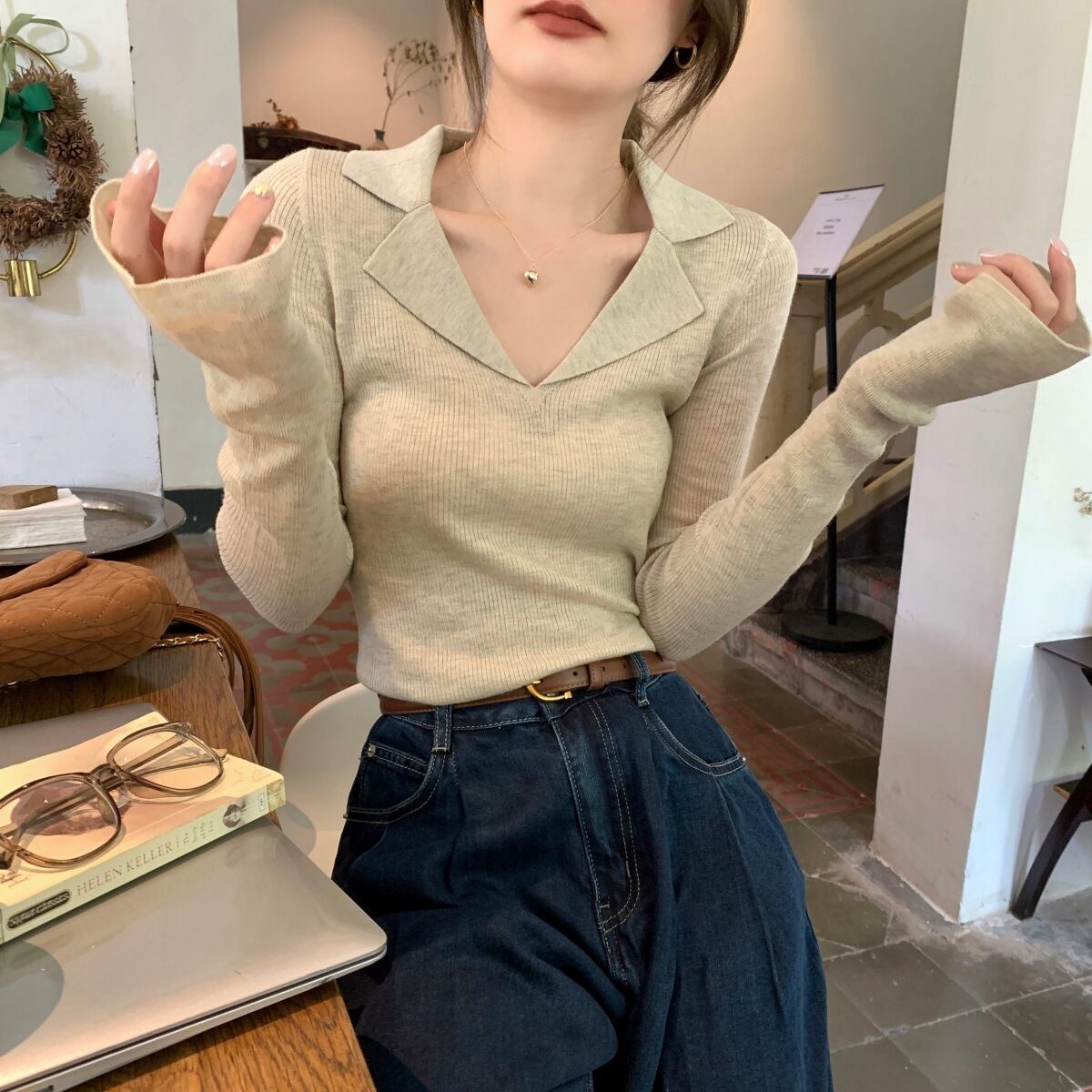 【tops】POLOネックニットトップス　M18950