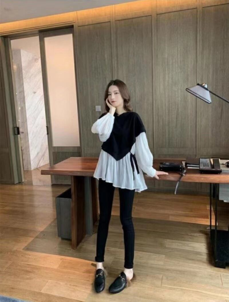 【tops】話題沸騰中ラウンドネック長袖ランタンスリーブ韓国風配色フリル偽二つ切り替えブラウスF1763