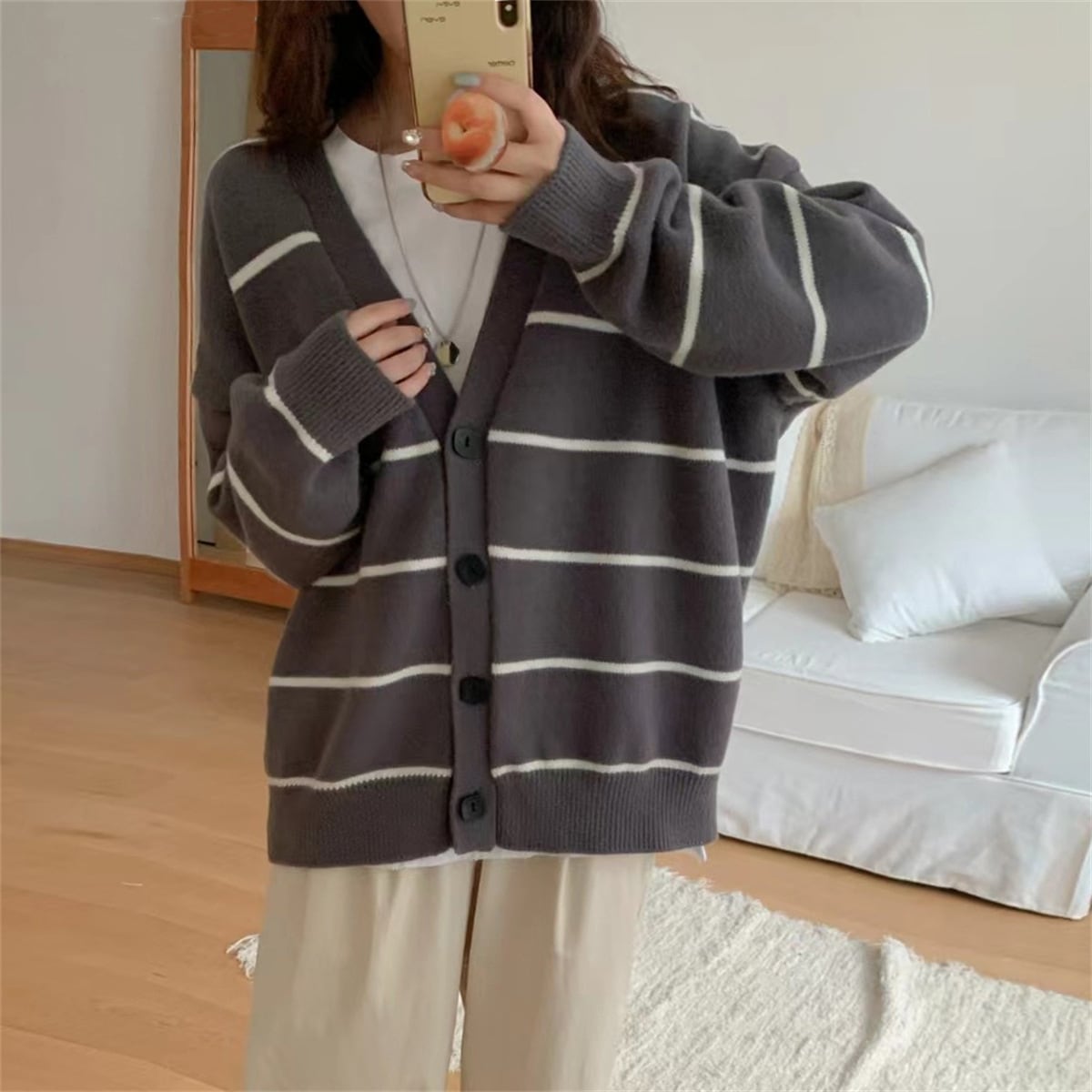 【outer】ボーダー柄ニットカーデ　M25954