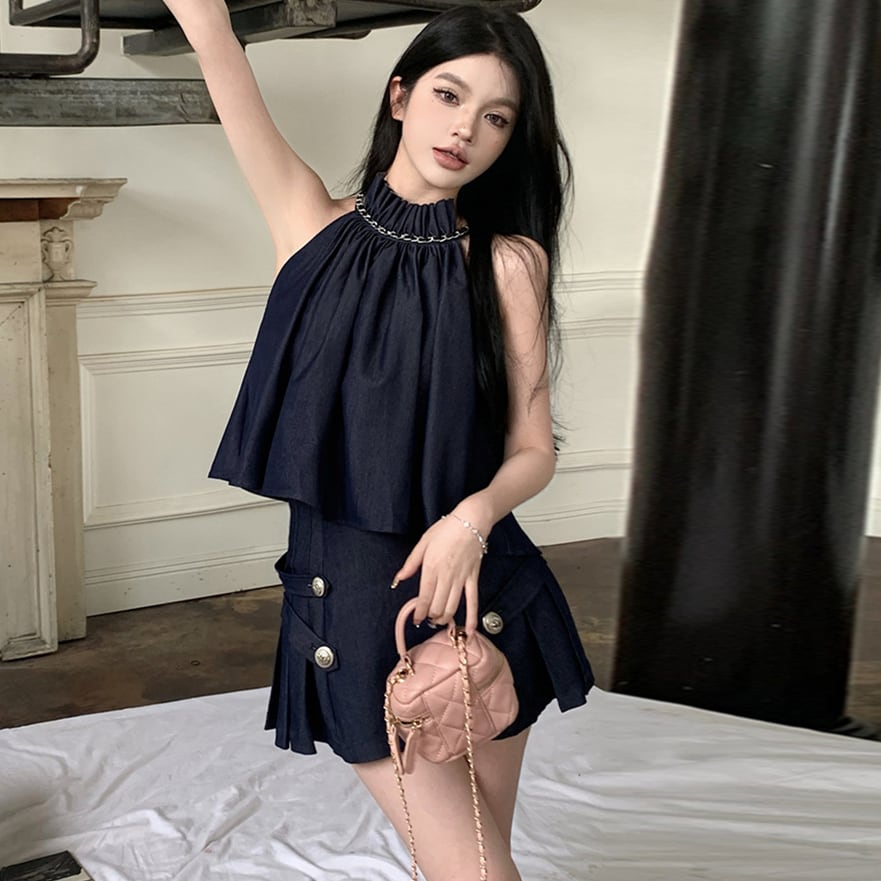 【set】デニムキャミソール+ギャザースカート２点セットG21347