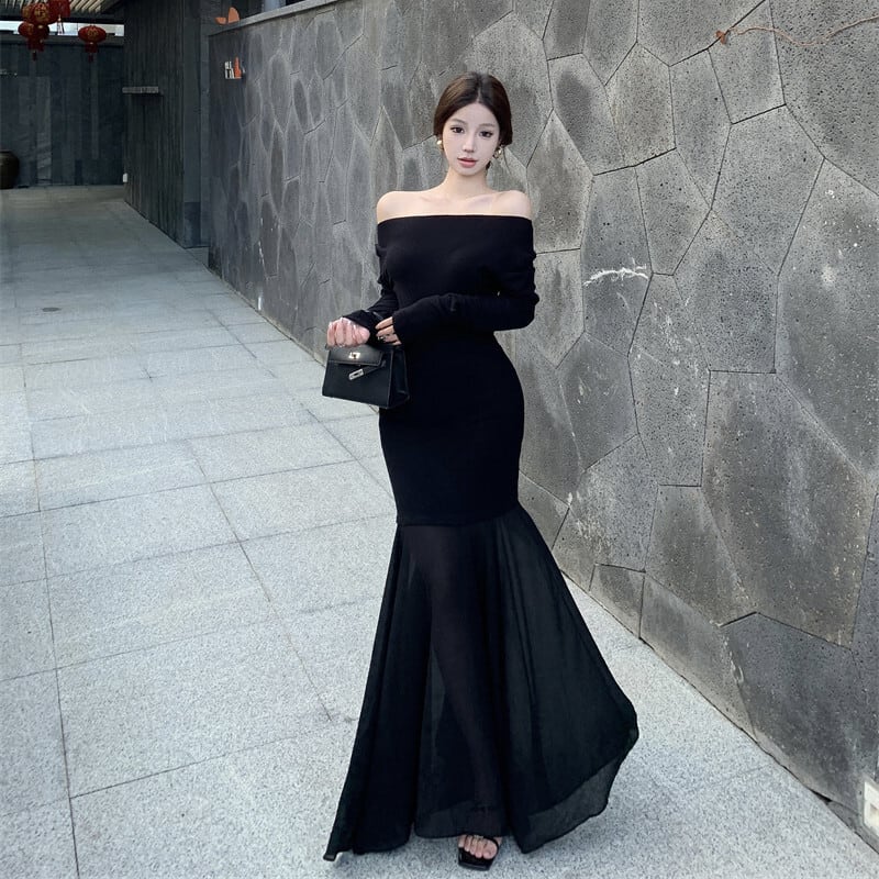 【dress】チュールコンビボートネックマーメイドワンピース　M29764