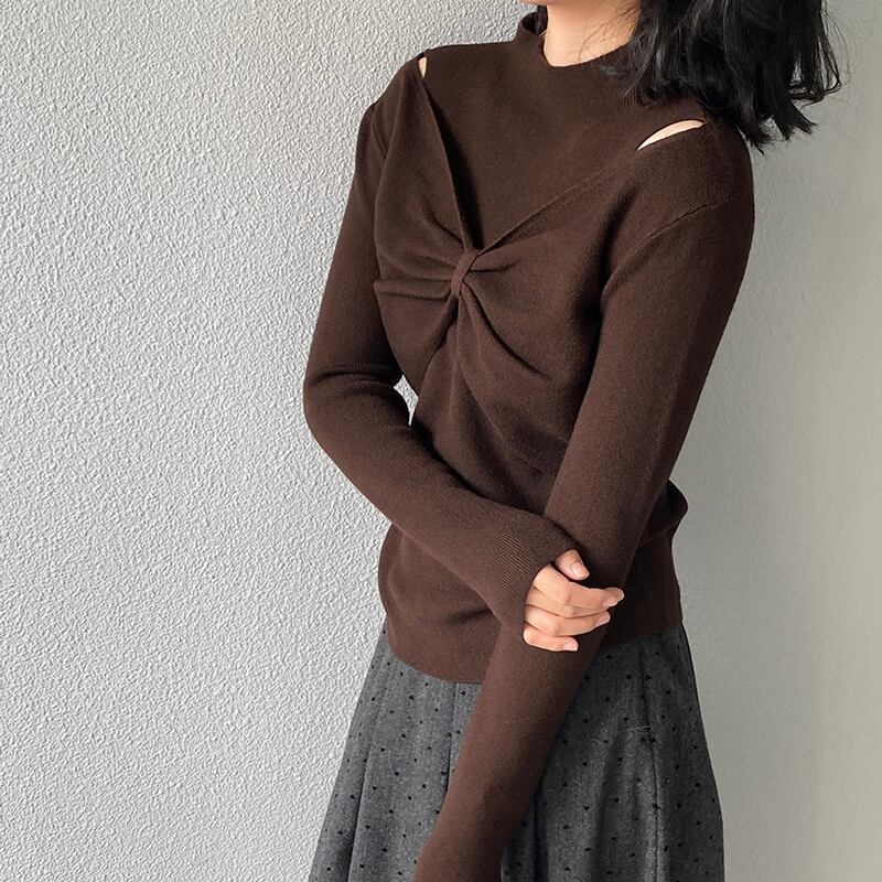 【tops】リボンフェイクレイヤードニットトップス Q7240
