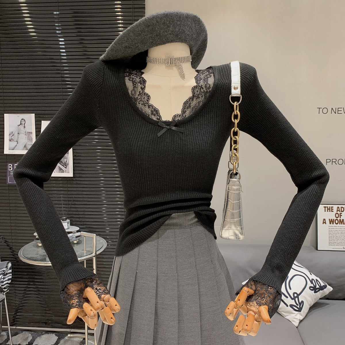 【tops】レースドッキングニットトップス　N2897