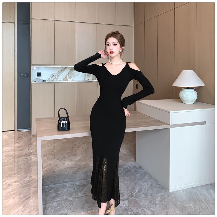 【dress】レースドッキングニットワンピース　M28023