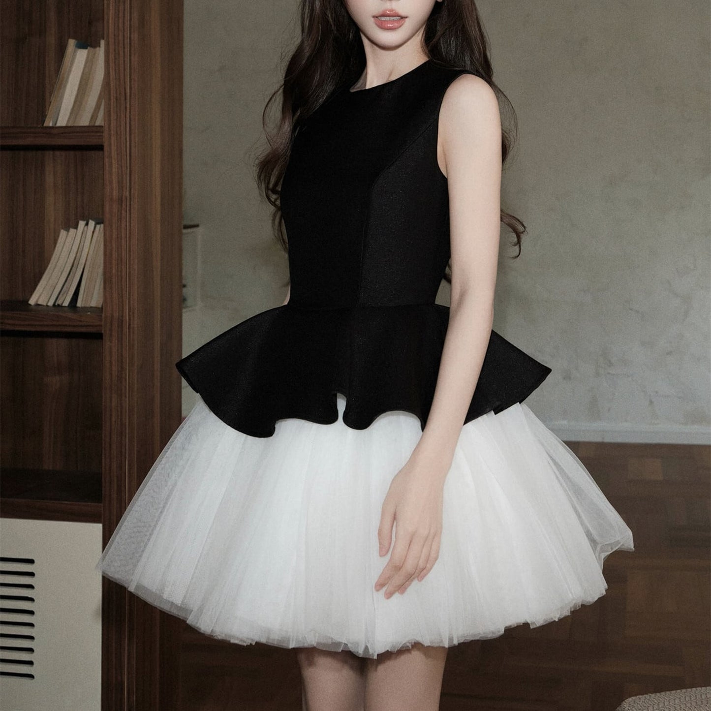 【dress】チュールドッキングノースリーブワンピース　N3092