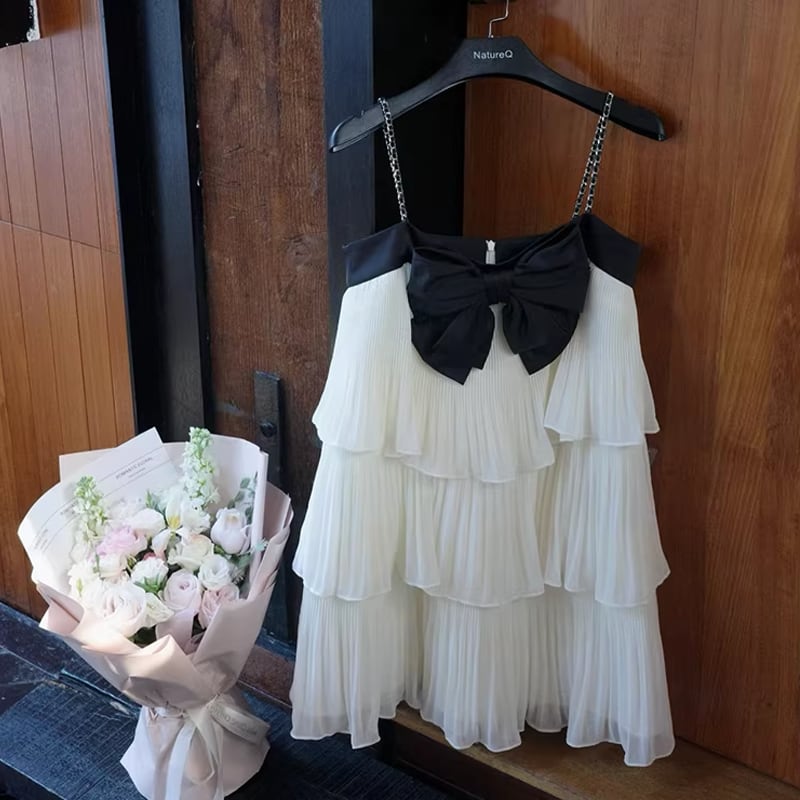 【dress】リボン付きティアードキャミワンピース Q8464