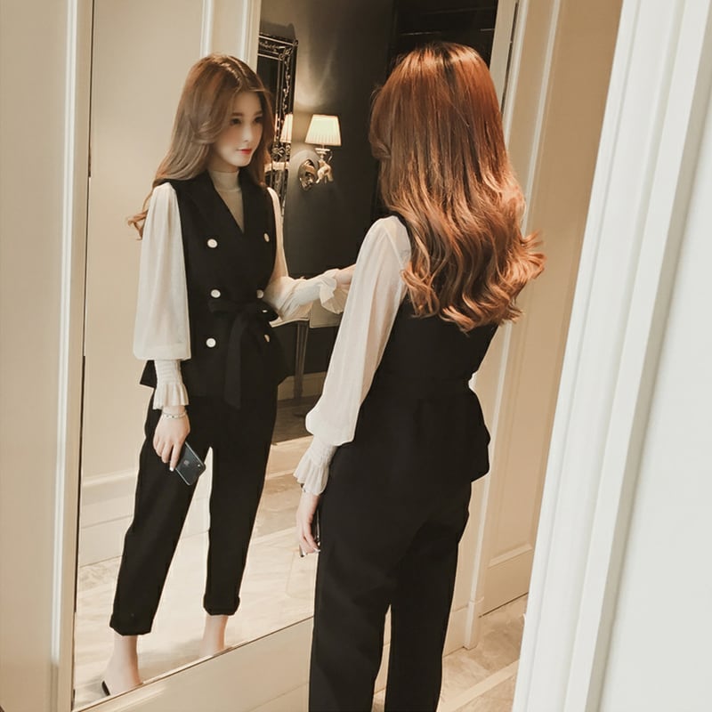 【set】美人度アップ!韓国系スウィート洋気ベスト+シャツ+パンツセットアップ G2087