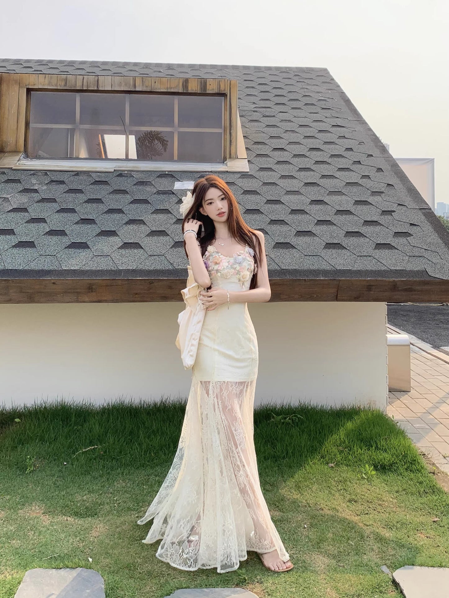 【dress】フラワー付きチュールドッキングロングキャミワンピース Q8259