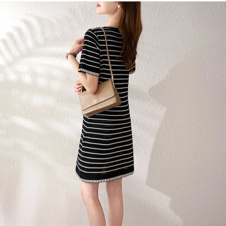 【dress】ストライプ柄ニットAラインワンピース G21126