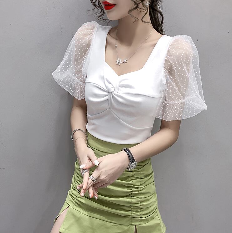 【tops】韓国風INS風スクエアネックメッシュ半袖着やせ無地TシャツF2235