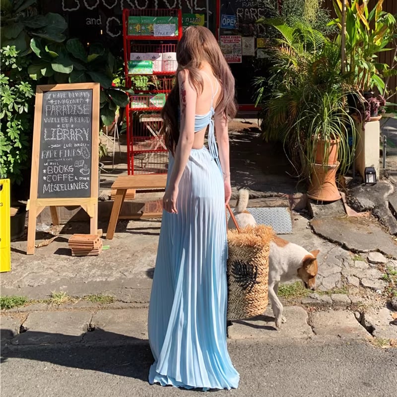【dress】ホルターネックバックオーポンロングプリーツワンピース Q8371