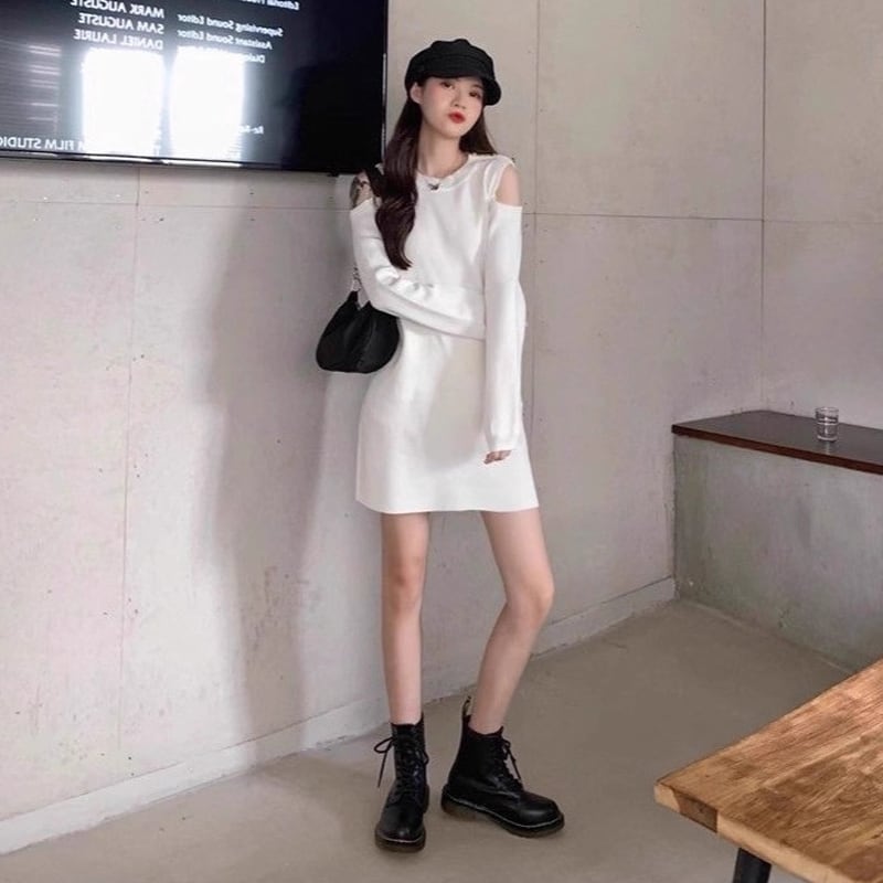 【dress】オープンショルダーニットワンピース Q7576