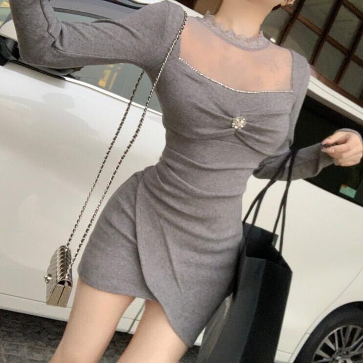 【dress】レース切り替えニットワンピース　M27692