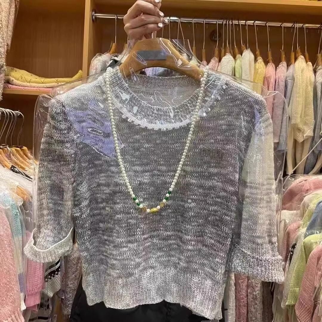 【tops】ラウンドネックニットTシャツF7149