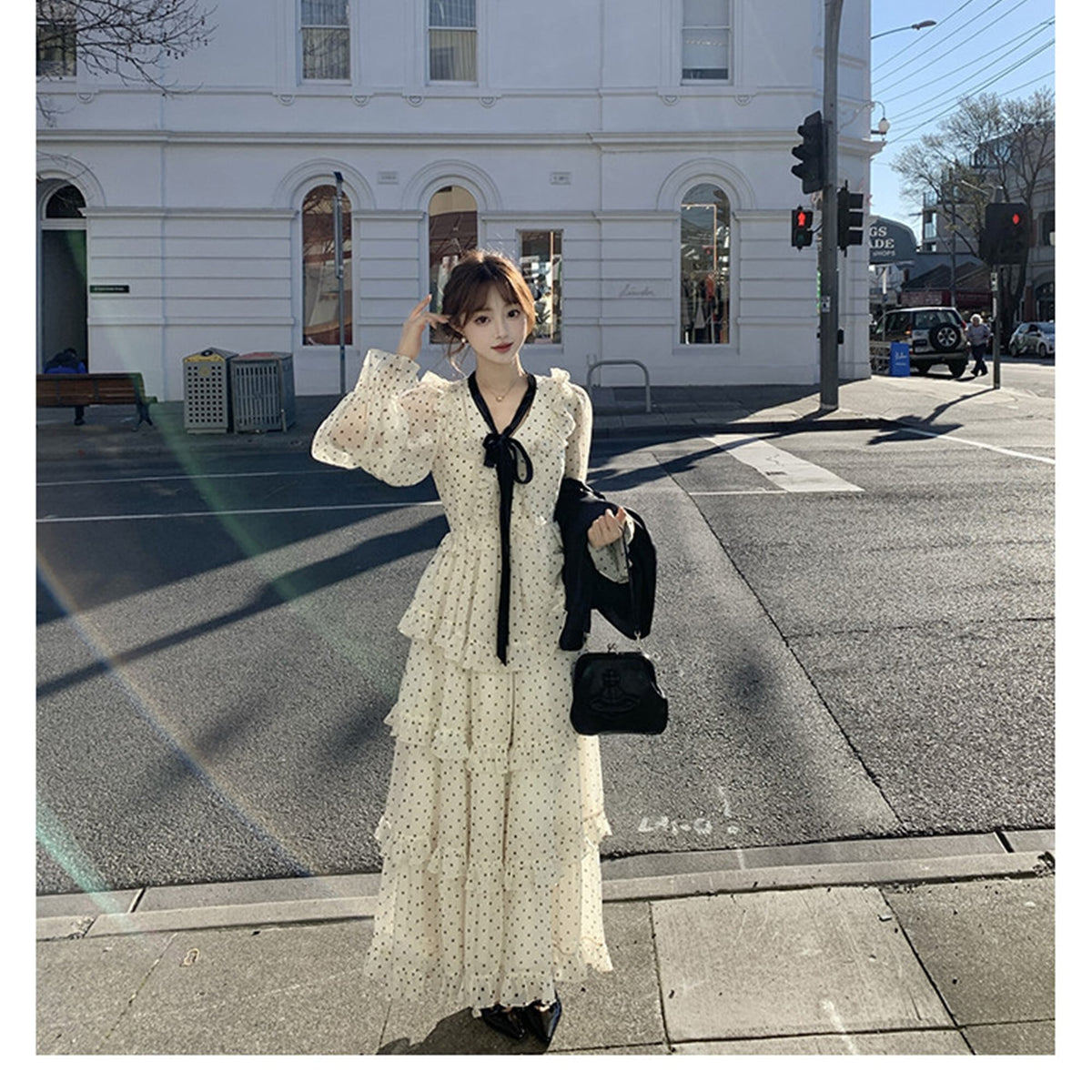 【dress】ビッグリボンドット柄ティアードワンピース　N3324