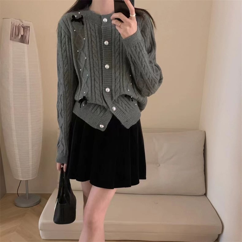 【outer】リボン付きパールニットカーデ　M25848