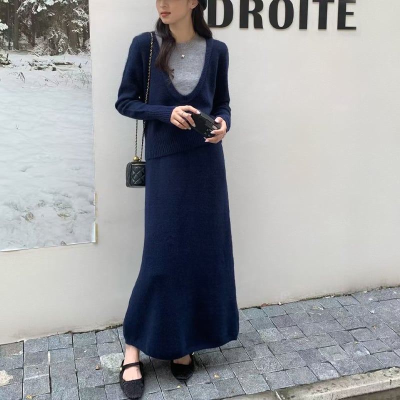 【set】フェイクレイヤードニットトップス×ロングスカートセット Q7168