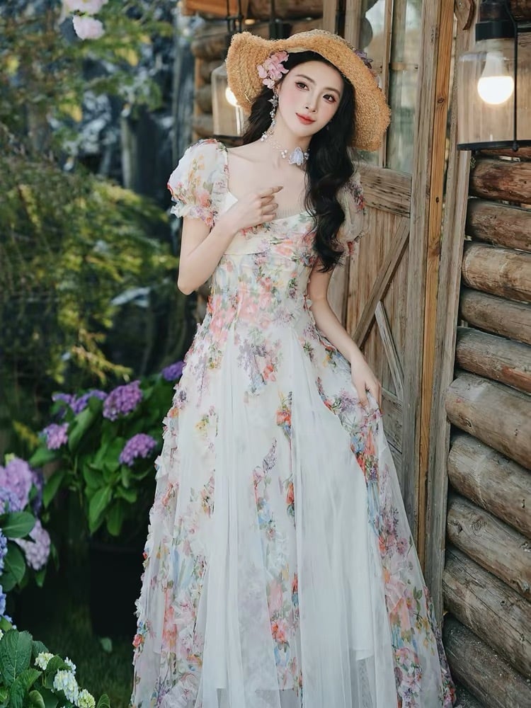 【dress】立体フラワーチュールドッキングロングワンピース　K0556