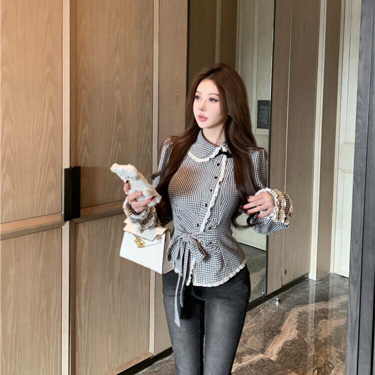 【tops】裹起毛チェック柄シャツトップス　M28587