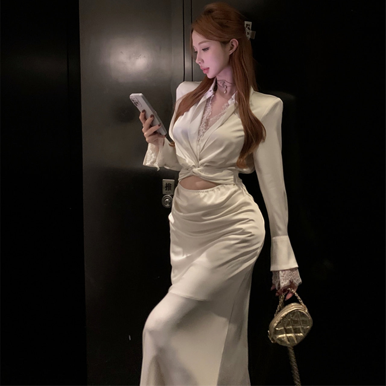 【dress】レース切り替えウエストリボンワンピースF8139　