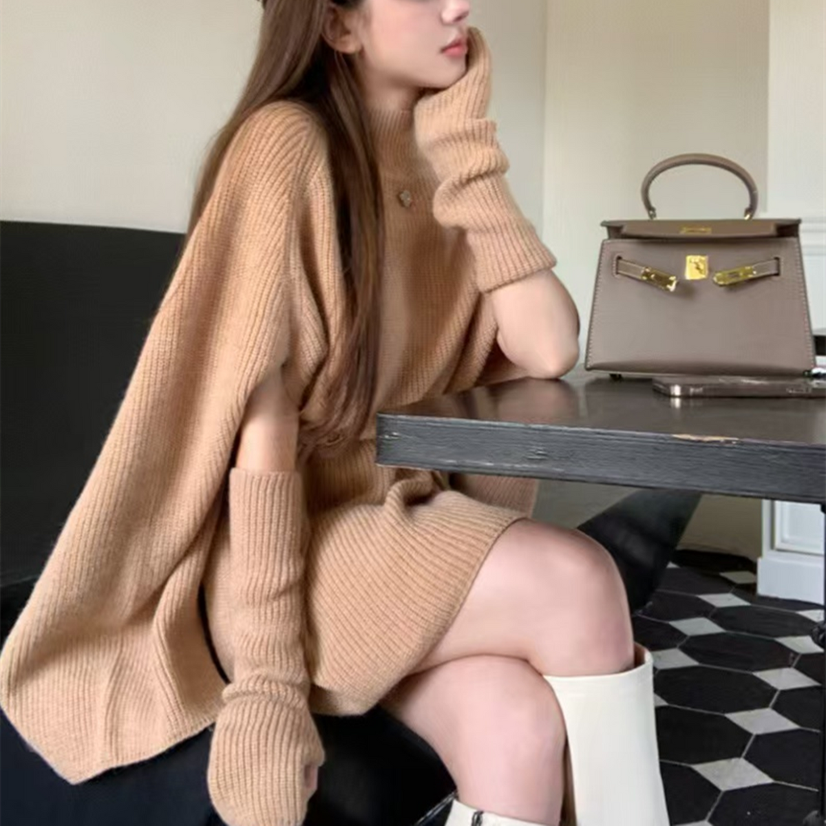 【outer】ニットケープベルト付き　M27477