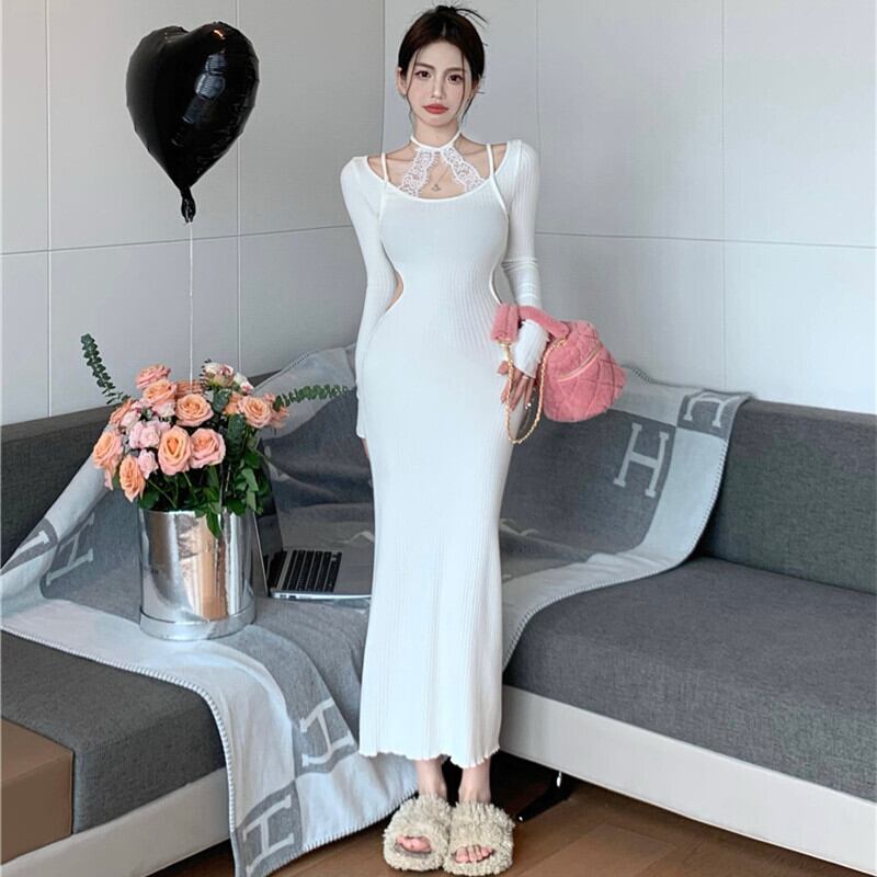 【dress】レースドッキングニットワンピース　M27875