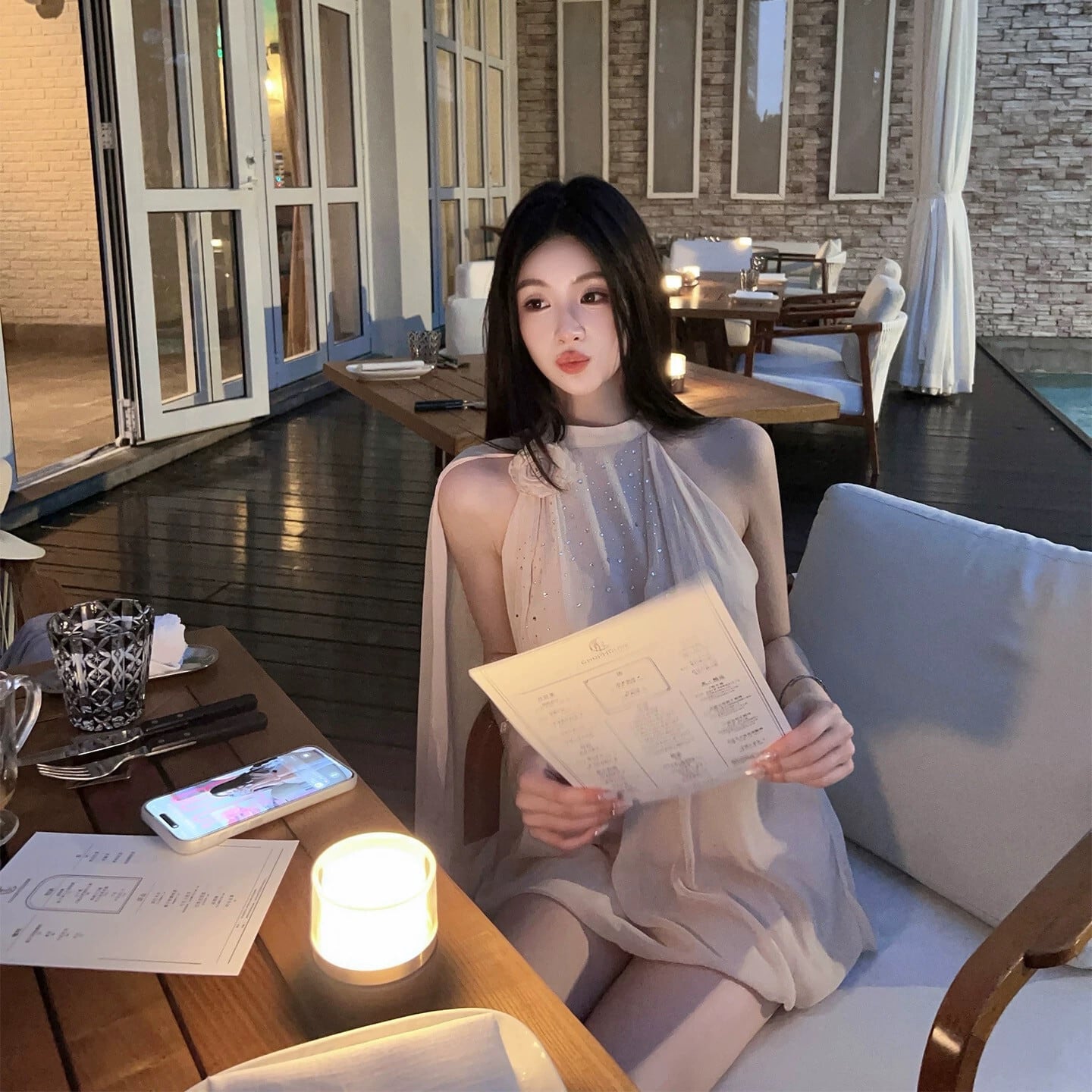 【dress】ラインストーン付きシフォンミニワンピース Q8345